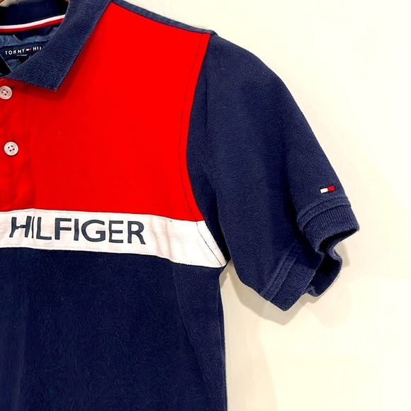 TOMMY HILFIGER Youth Boys Large Short Sleeve Polo Cotton Navy Red - Picture 6 of 6
